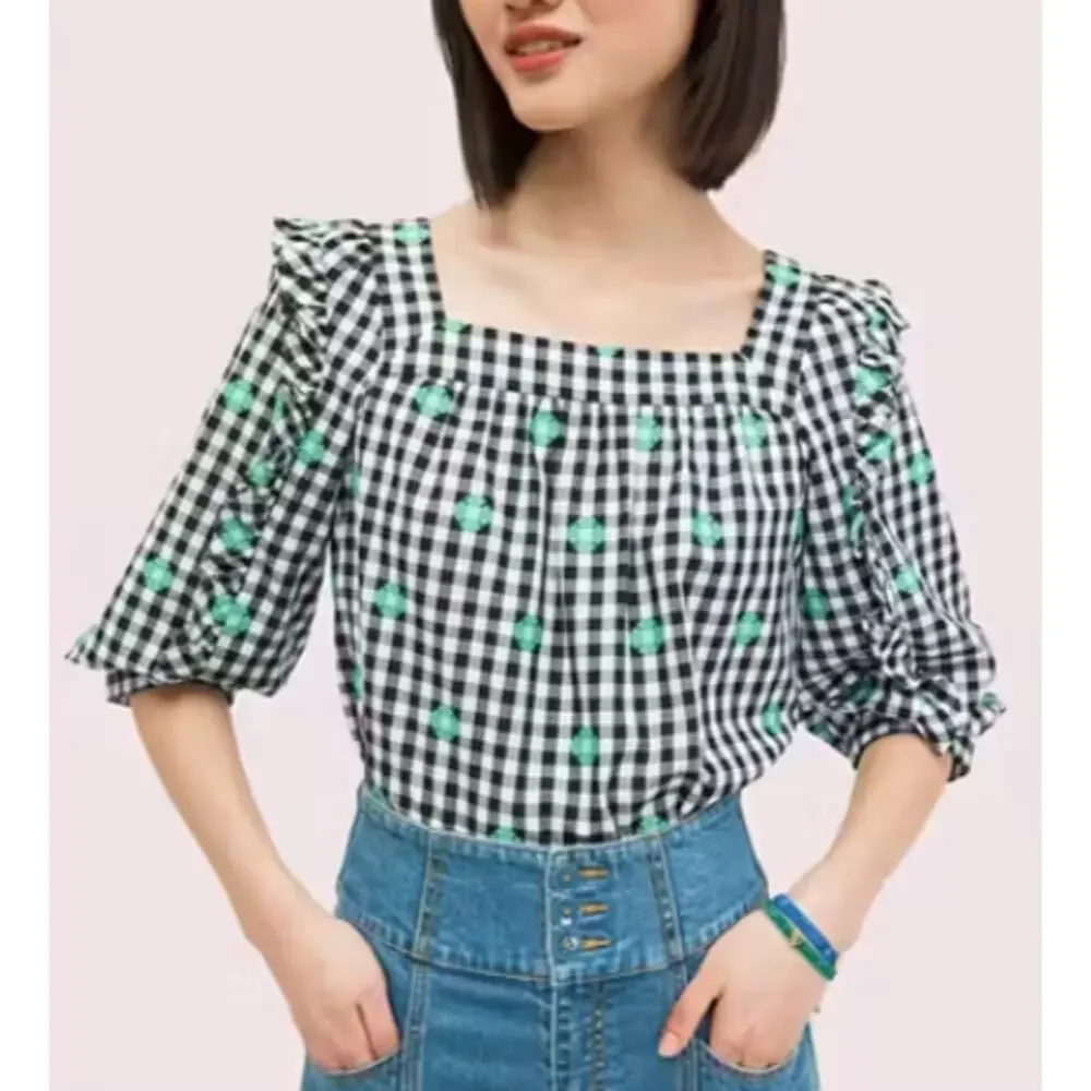 Kate Spade XS Black White Green Gingham Voile Blouse Puff Sleeves Square Neck